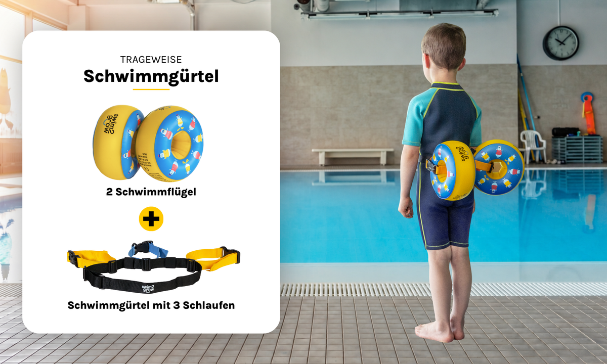 Schwimmhilfe als Schwimmgürtel: 2 Schwimmflügel und Schwimmgürtel mit 3 Schlaufen, Junge im Hallenbad