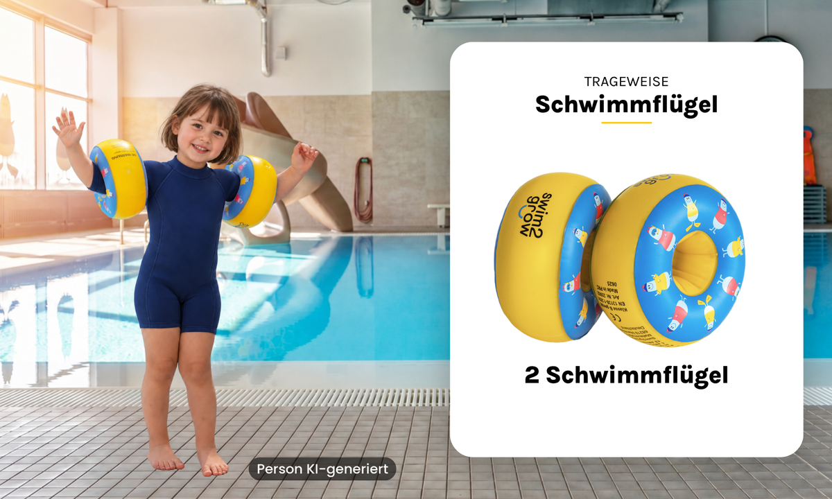 Mädchen mit Schwimmflügeln im Hallenbad (Person KI-generiert)